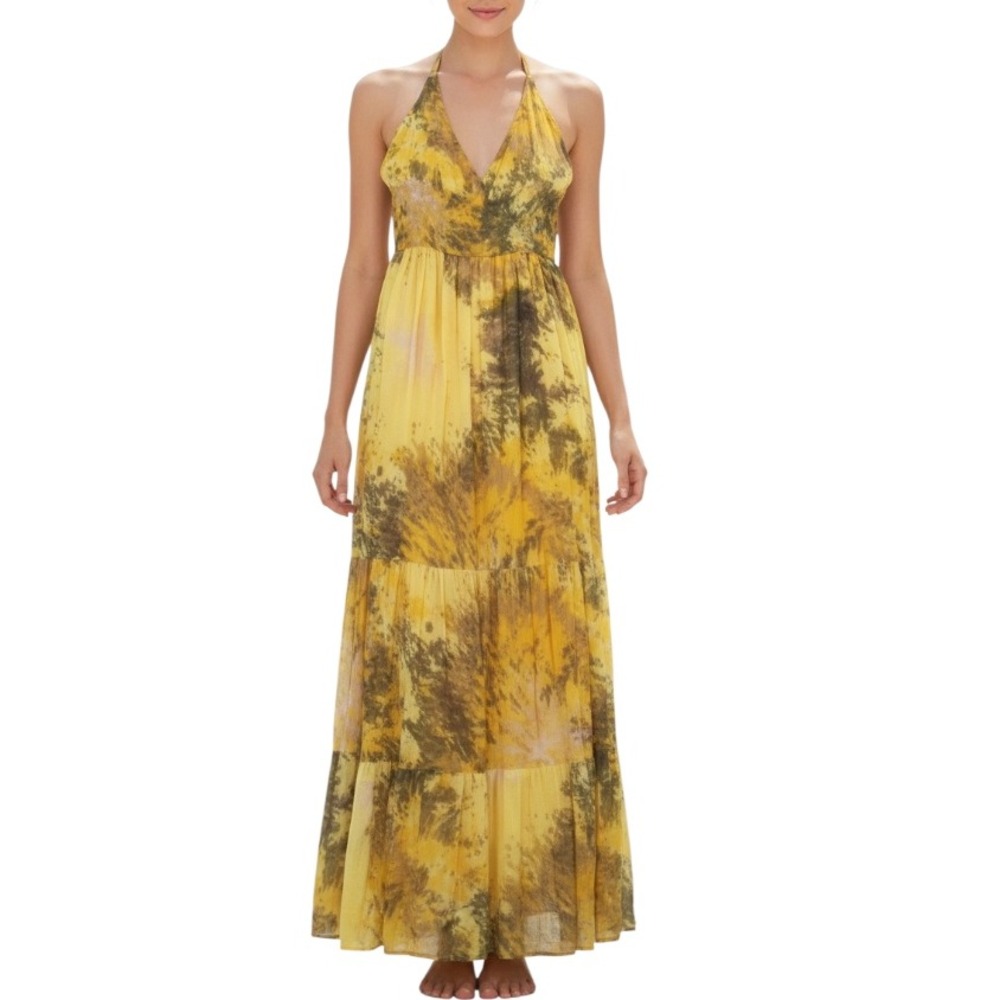 NWT VASNA DESIRE Yellow LINED CHIFFON Smock Waist TIERED HALTER DRESS Sz M